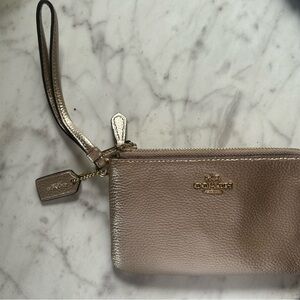 Coach Double Zipper Gold Metallic Pebbled Leather Wristlet Wallet Clutch